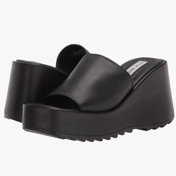 Steve Madden Shoes - Steve Madden Pepe 30 Black Leather Platform Wedge Slides NIB 7